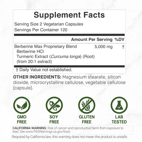 Vista 2 de DEAL SUPPLEMENT Berberine Max Suplemento con cúrcuma, 5,000 mg por porción, 240 cápsulas vegetales – 97% HCl de berberina pura – Extracto de raíz