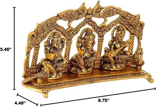 Vista 5 de Lakshmi Ganesha Saraswati ídolo con pavo real hecho de metal Laxmi Ganesh lámpara de aceite estatua tradicional religiosa estatua religiosa casa