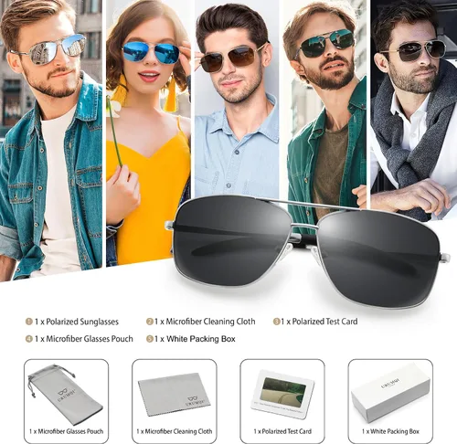 Vista 8 de URUMQI Lentes de sol de aviador polarizados cuadrados para hombre, lente de protección TAC UV400, pantallas de navegador piloto para conducir golf