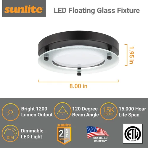 Vista 2 de Sunlite 88678 Lámpara LED de techo flotante de vidrio de 8 pulgadas, 2 unidades, 17 vatios (equivalente a 80 W), 1200 lúmenes, 4000 K blanco frío
