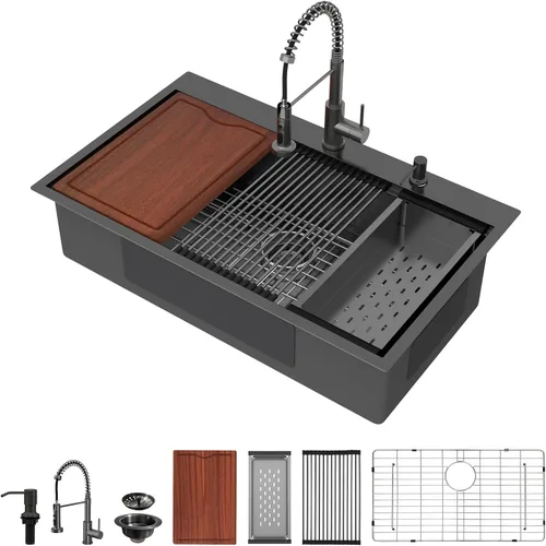 Vista 18 de Fregadero de cocina negro de 30"x19", estación de trabajo con revestimiento nano, acero inoxidable 304 calibre 16, hecho a mano, montaje superior