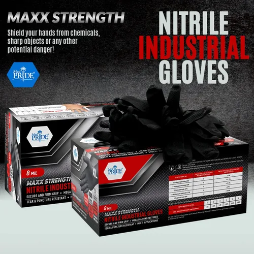 Vista 2 de MED PRIDE Maxx Strength - Nitrilo industrial negro, 8 mil de grosor, textura de diamante, desechable, resistente, resistente al desgarro