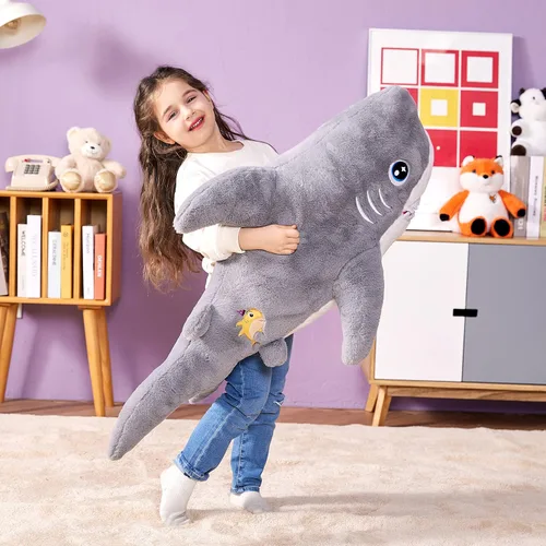 Vista 6 de IKASA Juguete de peluche de tiburón gigante, 39 pulgadas, juguetes suaves grandes y bonitos, enorme tamaño grande, esponjoso, de gran