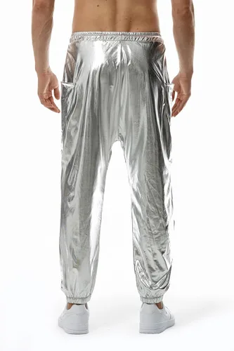 Vista 3 de GRAJTCIN Pantalones de discoteca metálicos para hombre, pantalones de lentejuelas de los años 7080, con cordón en la cintura, pantalones de fiesta