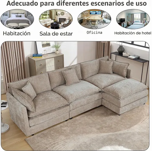 Vista 7 de Setawix Sofá Profundo de 3 Plazas con Otomana, Sofás de Nube en Forma de L de 112.2" para Sala de Estar, Sofá de Nube de Chenilla con Asiento Café