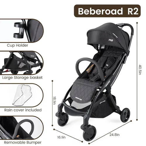 Vista 9 de Beberoad - Cochecito de bebé ligero para avión R2, cochecito de viaje pequeño, cochecitos compactos plegables, cochecito infantil con respaldo