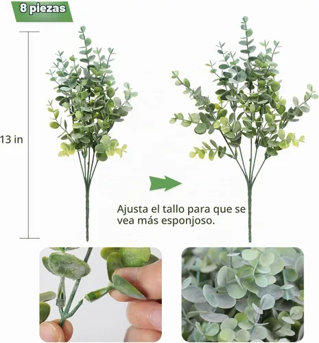 Vista 3 de RECUTMS - 8 tallos artificiales de eucalipto vegetación de 13 pulgadas, color azul polvoriento