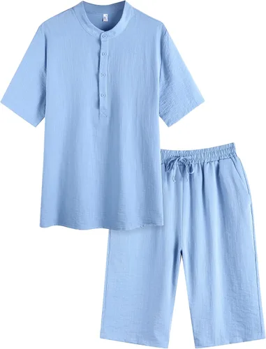 Vista 7 de COOFANDY Conjunto de lino de 2 piezas para hombre camisas casuales Henley de manga corta pantalones cortos de yoga para playa trajes de verano