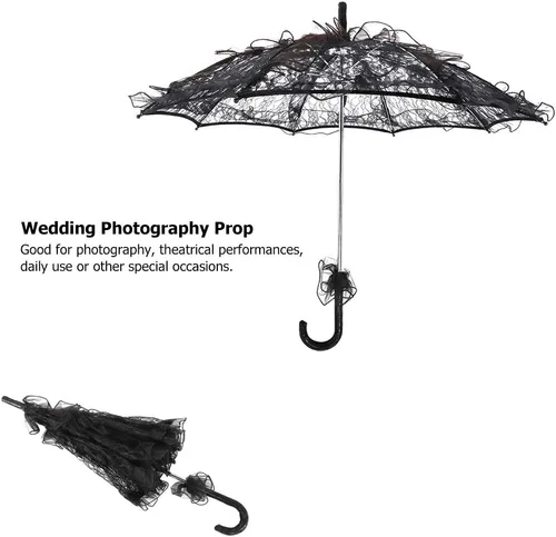 Vista 4 de Fdit Paraguas de algodón con encaje nupcial para fiestas de boda Baile Fotografía Prop (negro)