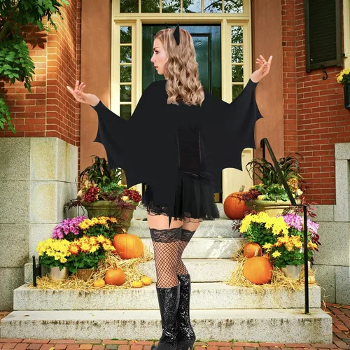 Vista 6 de Disfraz de Halloween de ala de murciélago para mujer, disfraz de murciélago para adultos con diadema