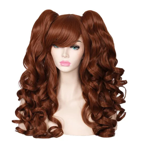 Vista 18 de ColorGround Peluca larga y rizada para cosplay con 2 colas de caballo (azul celeste)