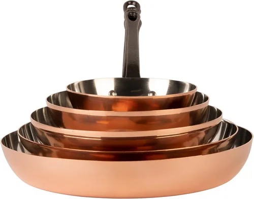 Vista 3 de Sartén de cobre estañado con mango de hierro fundido Sartén tradicional de cobre macizo con revestimiento de estaño Sartén fabricada en Francia