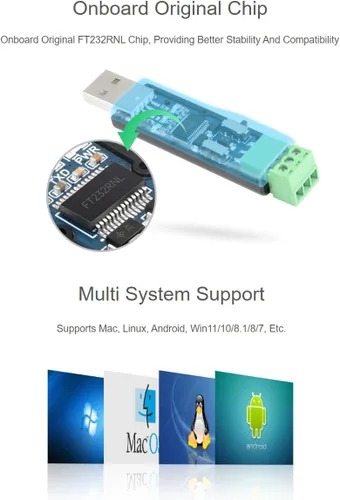 Vista 4 de waveshare Adaptador de convertidor serie USB a RS232 RS485 integrado a bordo original FT232RNL, compatible con Mac, Linux, Android, Win11/10/8.1/8/7