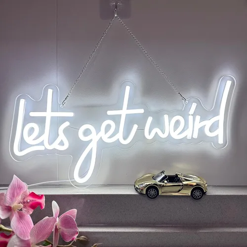 Vista 4 de Let's Get Weird - Letrero de neón blanco con puerto de carga USB e interruptor regulable, lámparas de noche colgantes de neón para decoración