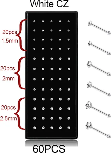 Vista 8 de Thunaraz Pernos Recto en Forma de L de Acero Inoxidable para la Nariz, Joyería para el Cuerpo, 20G-22G, 1.5mm, 2mm, 2.5mm