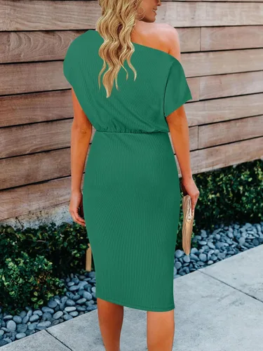 Vista 3 de MEROKEETY Vestido midi de manga corta con hombros descubiertos para mujer vestido de verano acanalado para fiesta
