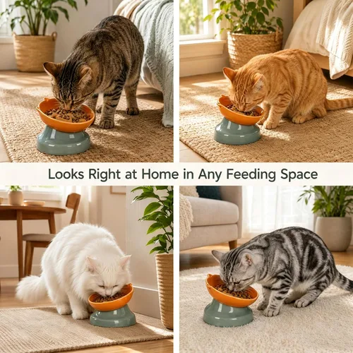 Vista 8 de Ceramic Slow Feeder Cat Bowl, 15-Degree Tilted Non-Slip Orange