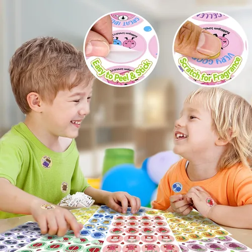 Vista 6 de Calcomanías para rascar y oler – 864 piezas, 12 aromas diferentes, 36 hojas – Calcomanías de recompensa para niños, profesores, padres