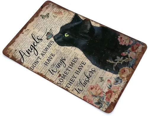 Vista 3 de Angels Don't Always Have Wings Sometimes They Have Whiskers - Letrero de hojalata vintage floral negro gato amante de los gatos, placa vintage