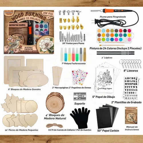 Vista 8 de K KERNOWO Kit de Quemado de Madera - 156 Piezas Kit Completo Todo-en-Uno con Pluma para Quemar Madera de Temperatura Ajustable, Regalos de Negro