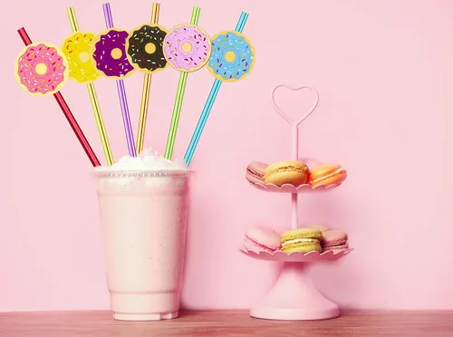 Vista 2 de 24 popotes reutilizables con forma de dona y arco iris loco para suministros de fiesta de cumpleaños, decoraciones de fiesta con 2 cepillos