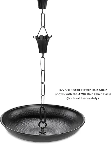 Vista 6 de Cadena de lluvia de aluminio negro con flor acanalada de 8.5 pies con clip de instalación de canalón Good Directions