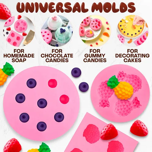 Vista 5 de 5 moldes de frutas de silicona, mini moldes de goma de silicona de 1 pulgada con 5 formas realistas de moldes de frutas 3D, diseño de fácil