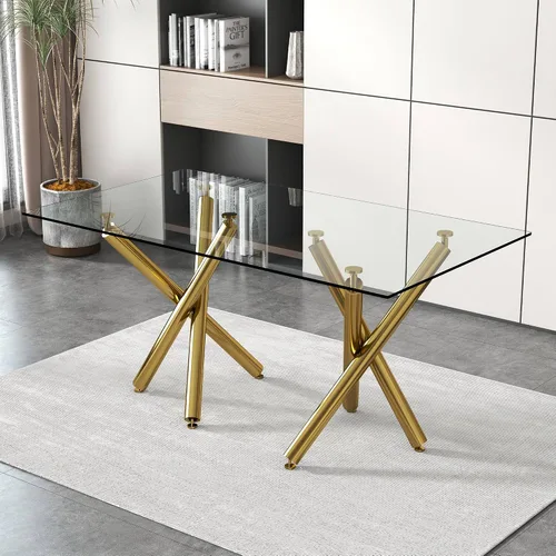 Vista 11 de Ebullient - Mesa de comedor de cristal de 71 pulgadas, moderna mesa rectangular de cocina para 8, mesa de vidrio transparente y patas de metal