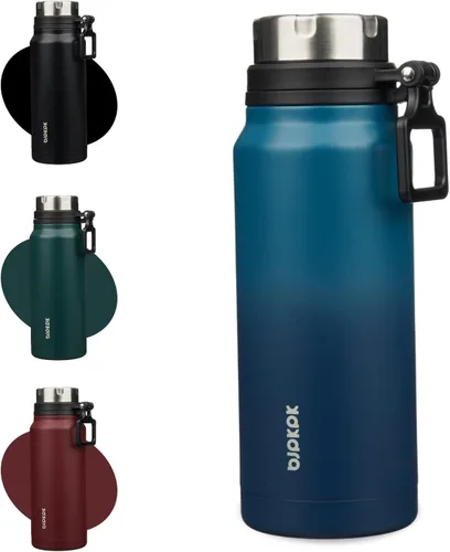 Vista 9 de BJPKPK Botella de agua aislada de 24 onzas con asa, sin BPA, botella térmica de viaje de acero inoxidable reutilizable, botella de agua grande, Negro