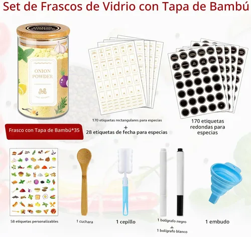 Vista 3 de BGraceyy Tarros de especias con etiquetas, 35 tarros de especias de vidrio de 4 onzas con tapas de bambú, recipientes herméticos apilables