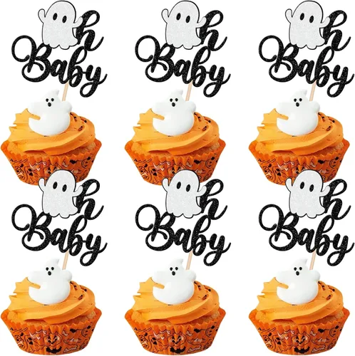 Vista 25 de 30 piezas de decoración de murciélagos de Halloween para cupcakes de murciélago con purpurina negra para Halloween, decoración de pasteles de Negro