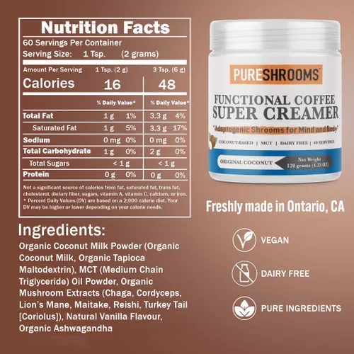 Vista 2 de PureShrooms Supercremas funcionales de café – Original – con leche de coco en polvo, aceite MCT, melena de león orgánica, Reishi, Chaga, Maitake