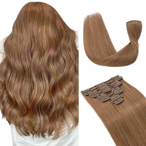 Vista 18 de Extensiones de cabello con clip, cabello humano Remy, extensiones de cabello largo lacio de una pieza con 5 clips, con gancho para colgar
