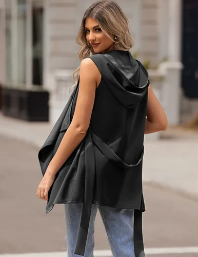 Vista 3 de Grabsa Cárdigan sin mangas para mujer, chalecos a la moda, elegante, asimétrico, con capucha, frente abierto, gabardina con cinturón