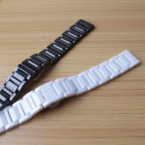 Vista 6 de Correa de cerámica negra pura de 0.551in 0.630in 0.709in 0.787in para señora mens relojes reloj pulido elegante metal mariposa hebilla
