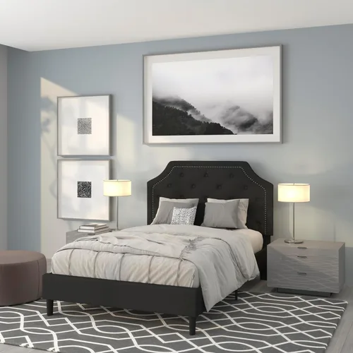 Vista 17 de EMMA + OLIVER Base de cama tapizada con diseño arqueado y diseño capitoné en tela beige