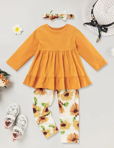 Vista 2 de FoWear Ropa para niña pequeña, parte superior roja sólida y pantalones con estampado de leopardo, ropa de bebé, ropa de invierno, 3 piezas para niñas