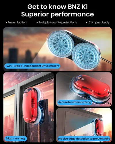 Vista 3 de BNZ Robot inteligente de limpieza de ventanas, limpiador de ventanas Twin Turbo con doble espray automático y múltiples sistemas de seguridad