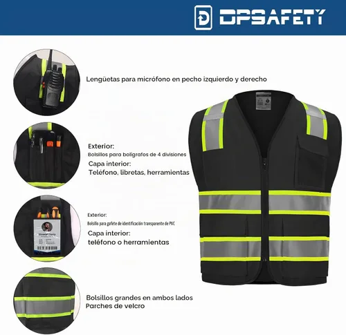 Vista 3 de Chaleco de seguridad clase 2 de alta visibilidad, chaleco de alta visibilidad con tiras reflectantes de 2 pulgadas de ancho, chaleco de construcción