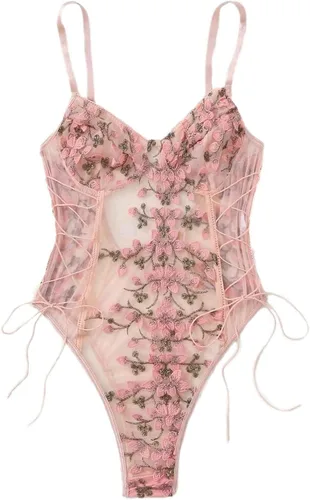 Vista 11 de Lilosy Teddy de Lencería Sexy para Mujer con Cordones y Bordado Floral, Body Top de Malla Transparente de Una Pieza Verde militar