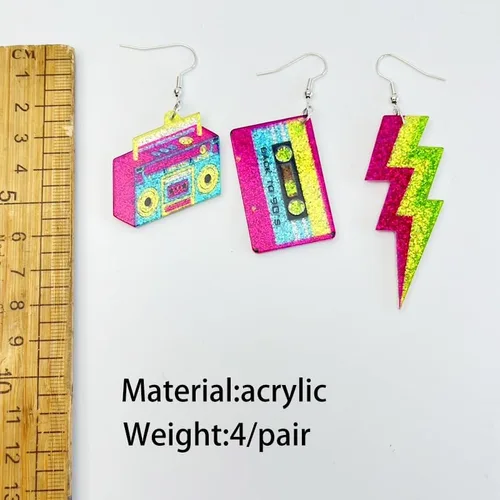 Vista 3 de Aretes de neón de los años 80 para mujer, coloridos aretes de gota de acrílico con cinta de cassette retro, aretes colgantes de radio con purpurina