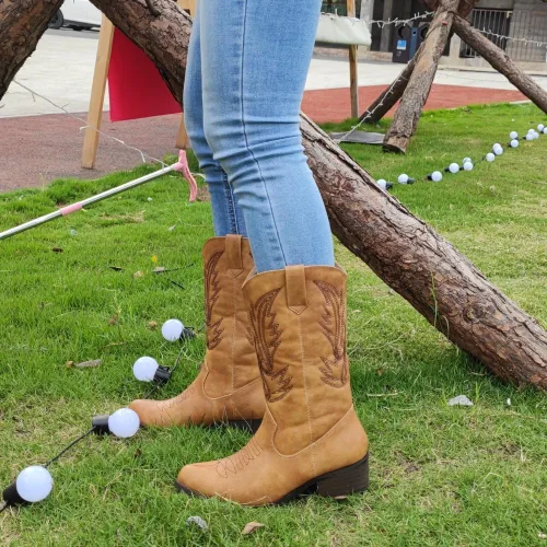 Vista 8 de Botas vaqueras para mujer, punta puntiaguda, a media pantorrilla, zapatos de moda occidental