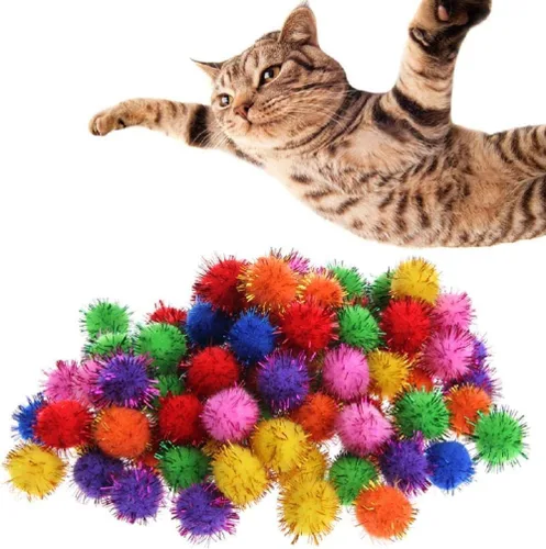 Vista 7 de 100 bolas de oropel con purpurina colorida y bolas de pompones para gatos, para ejercicios de gatitos y múltiples gatos para jugar y perseguir