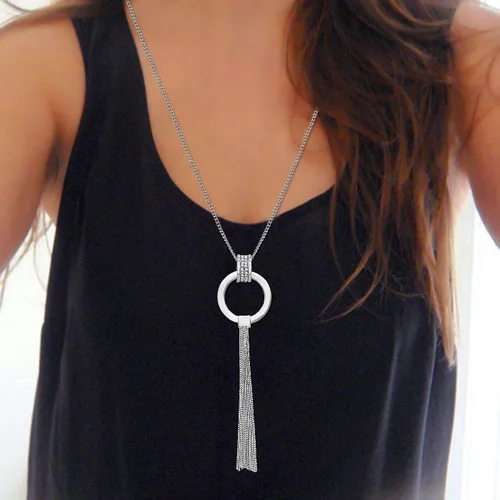 Vista 2 de MOLOCH Y en forma de Lariat collar largo cadena borla círculo colgante collar conjunto mujer joyería delicada