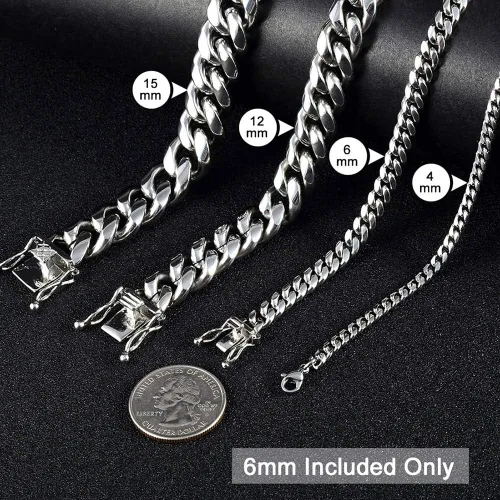 Vista 3 de Jewelry Kingdom 1 Collar o pulsera para hombre, cadena de eslabones cubanos de plata de 0.236in para joyería de hombre, collar de cadena Miami