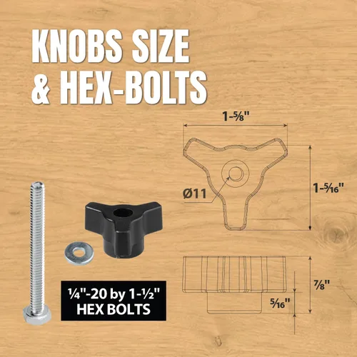 Vista 3 de POWERTEC 71888 Kit de Perillas de Riel en T y Tope Abatible para Valla de 3", con Pernos Hexagonales de 1/4"-20 x 1-1/2" y Arandelas de 1/4", Kit