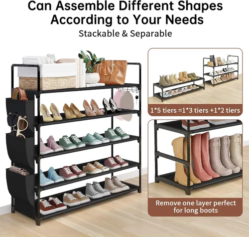 Vista 5 de Zapatero independiente de 5 niveles, organizador de zapatos que ahorra espacio con bolsillos laterales y ganchos de metal, zapatero ajustable