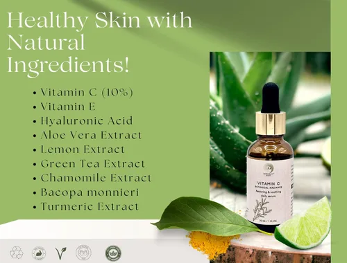 Vista 2 de Suero facial con vitamina C, iluminador, hidratante y brillante con ácido hialurónico, cúrcuma, vitamina E, extracto de té verde, suero facial