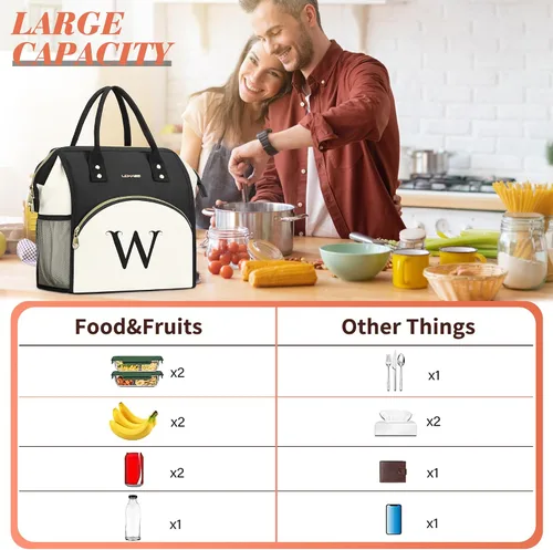 Vista 2 de Bolsa de almuerzo personalizada para mujer, elegante, reutilizable, aislada, con iniciales, para amiga, grande, de apertura ancha, resistente al