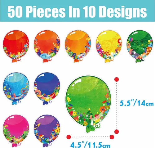 Vista 4 de 50 recortes de globos, impresión de doble cara con detalles de globos, recortes de tablón de anuncios, decoración de aula en 10 diseños